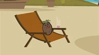 Mr. Coconut sitting on a chair on the beach.