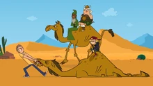 Dwayne thinks his camel is "broken", but pulls it along anyway.
