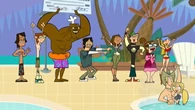 Some of the eliminated contestants cheer after Chris says Gwen is the winner of Total Drama Island.