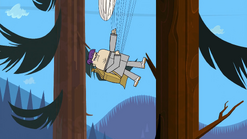 Max has a parachute too, and gets stuck on a tree.