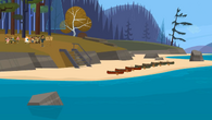 The campers must make their way to Boney Island by canoe.