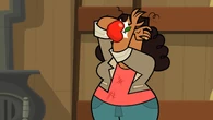 Millie getting hit by apples thrown by Priya.