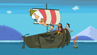 Owen flies toward the Team Amazon's boat after firing himself from his team's cannon…