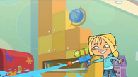 Bridget with a water blaster in the opening credits.