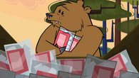 A bear steals some marshmallows in X-Treme Torture.