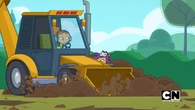 Izzy accidentally runs over Owen with the loader.