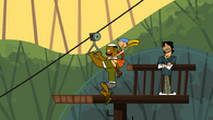 Lindsay and DJ, as the sole members of Team Victory, use the zip-line.