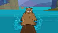 ... but manages to beat Molotov the bear, who lands on his groin as she stops the log.