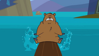 ...but manages to beat Molotov the bear, who lands on his groin when she stops the log.