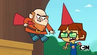 Steve puts a hat on Harold.