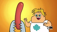 Owen's reaction after he sees a hot dog that was inside Beth's nose.