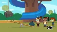 The kids try to get rid of their old toys by using a see-saw.