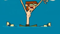 Harold lands in the splits after jumping off the cliff.