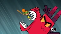 The pinata gets turned into a giant monster and eats Izzy.