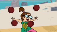 Beth getting hit by multiple dodgeballs.