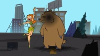 Izzy in the theme song with a bear.