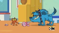 The kitten gets killed by a dog painted by Gwen and Chef.