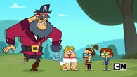 A pirate is angry at the kids because Owen took his pegleg.