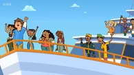 The eliminated campers cheer as they reach the island.