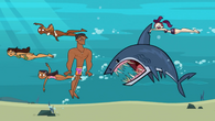 Priya, Axel, Caleb, and Nichelle swimming underwater while Scary Girl hangs onto a shark.