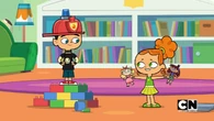 Duncan lets Izzy turn her toys into a cake.