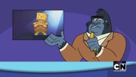 A gorilla news reporter talks about the kids' musical performance.