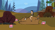 A topless Heather lands on a bear, causing it to drop all of its marshmallows.