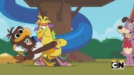 Thingameroo starts dancing with the bird mascot.