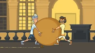The Tennis Rivals fall behind as they struggle to move their cheese wheel.