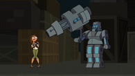 Courtney activates a robot's defense system.