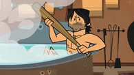 Chris pulls out a wooden baseball bat after seeing Ezekiel's silhouette in his hot tub.