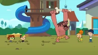 The caveman hits the raptor which makes her fall into the ground.