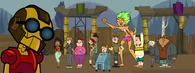The cast cheer Cameron on to pin Lightning down.
