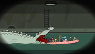 The giant albino alligator tries to eat Team Amazon's boat.