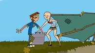 Heather slams the case into Harold’s groin.