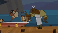 Chef dumps a stunned Leshawna into the Boat of Losers.