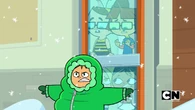 Owen protects the kids from the giant snowball.