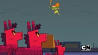 The fight between Izzy and the pinata monsters begins.