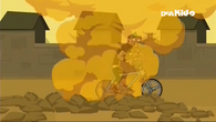Duncan accidentally rides right over dynamite on his bicycle in the race.