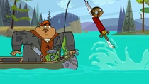 Cameron gets thrown away by B's machine in the theme song.