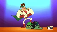 Cody beats up the monster.