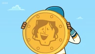 Raj covers his eyes from the coin.