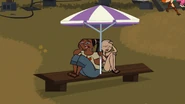Due to the heat, Heather and Leshawna share an umbrella.