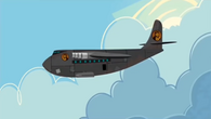 A full side view of the Total Drama Jumbo Jet, with the side door open.