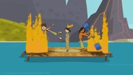 Cody is hit by a baton and knocked off a platform.