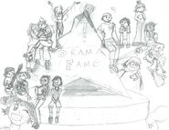 A sketch of a logo for Total Drama Fame. Han can be seen at left, in Duncan's lap.