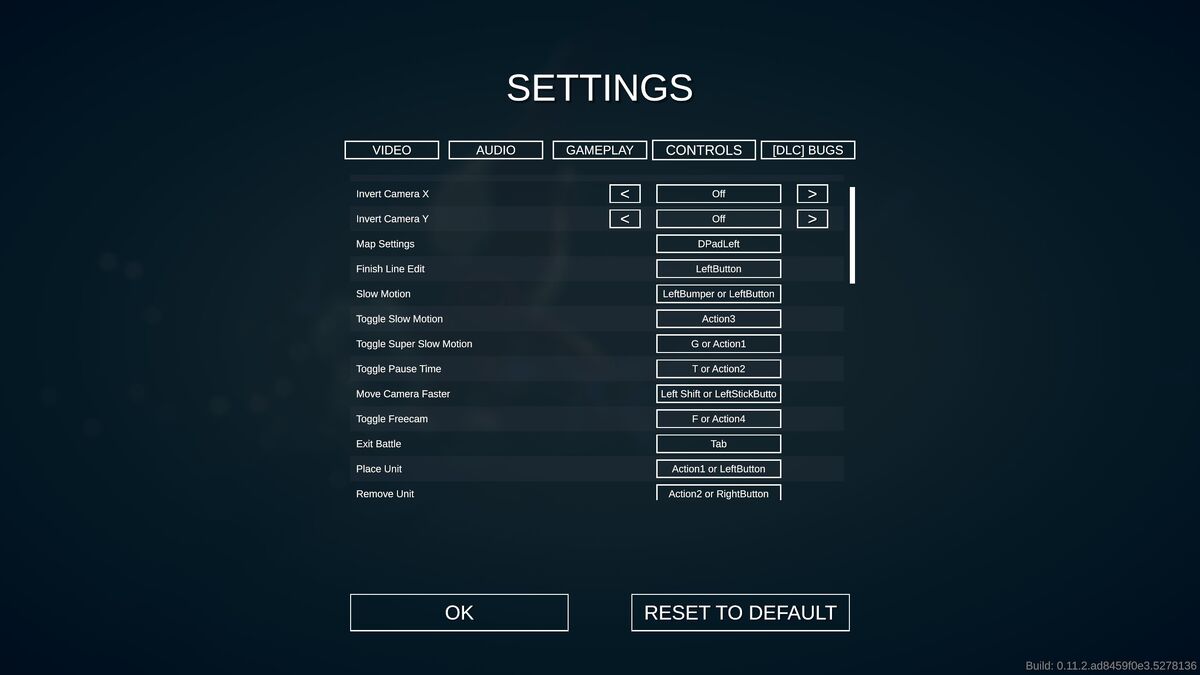 Customizable settings menu (main menu and pause game menu are