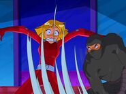 Eugene as a ninja attacks clover with a kodachi.