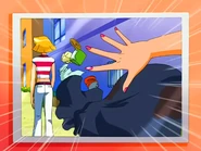 Mandy is caught knocking the trash down.