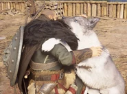 Eivor embracing a dog in Norwich